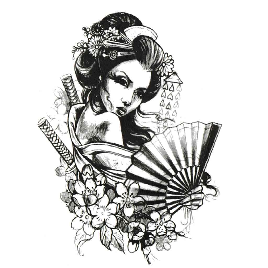 Temporary tattoo - Japanese Geisha - Katana Fan - Pin Up, Skindesigned, image size:1024x1024