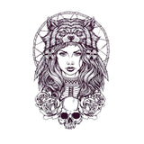 Ephemeral Tattoo - Indian Huntress Wolf, Roses and skull