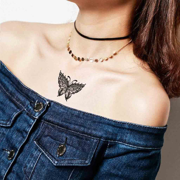 Ephemeral tattoo - modern butterfly, neck, shoulder | SKINDESIGNED