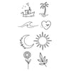 Summer temporary tattoo - Minimalist pack 4 (sun, flowers, boat, moon, wave) - Skindesigned.