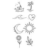 Summer temporary tattoo - Minimalist pack 4 (sun, flowers, boat, moon, wave) - Skindesigned.